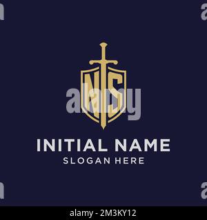 NS logo initial monogram with shield and sword design ideas Stock Vector