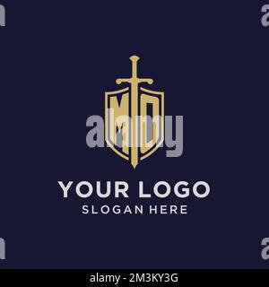 MO logo initial monogram with shield and sword design ideas Stock Vector