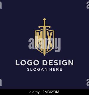 MX logo initial monogram with shield and sword design ideas Stock Vector
