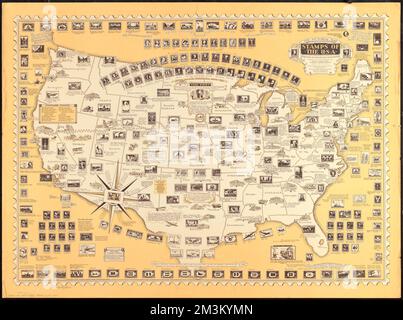 The pictorial map, stamps of the U.S.A. , Stamp collecting, United States, Maps, United States, Maps Norman B. Leventhal Map Center Collection Stock Photo