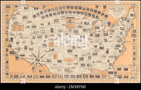 The pictorial map, United States stamps , Stamp collecting, United States, Maps, United States, Maps, Pictorial maps Norman B. Leventhal Map Center Collection Stock Photo