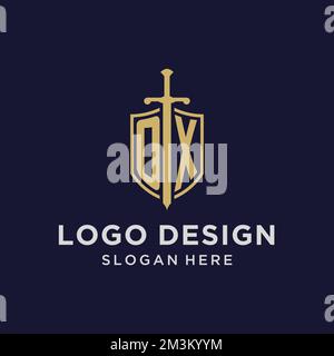 OX logo initial monogram with shield and sword design ideas Stock Vector