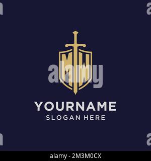 MW logo initial monogram with shield and sword design ideas Stock Vector
