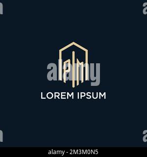 PM initial monogram logo with hexagonal shape style, real estate logo design ideas inspiration vector Stock Vector