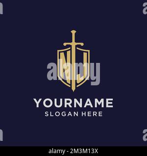 NJ logo initial monogram with shield and sword design ideas Stock Vector
