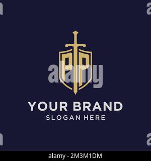 PP logo initial monogram with shield and sword design ideas Stock Vector