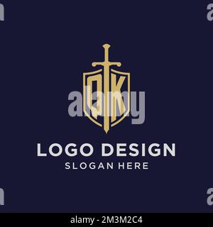 QK logo initial monogram with shield and sword design ideas Stock Vector