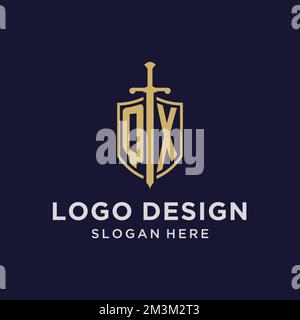 QX logo initial monogram with shield and sword design ideas Stock Vector