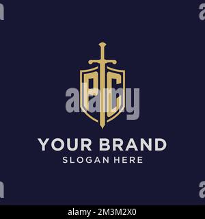 PC initial monogram logos with sword and shield shape design ideas ...