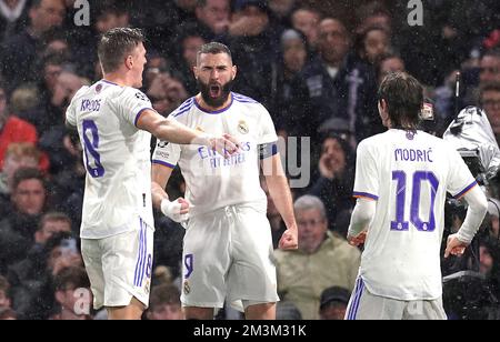 File photo dated 06-04-2022 of Karim Benzema celebrating against Chelsea. Karim Benzema scored a hat-trick as Real Madrid beat Chelsea 3-1 in their Champions League quarter-final first leg at Stamford Bridge. Issue date: Friday December 16, 2022. Stock Photo