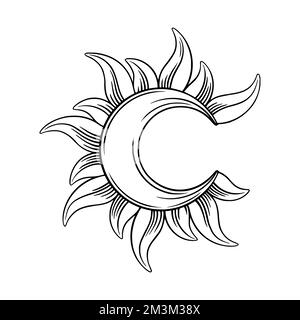 Tarot crescent moon sketch. Spiritual tarot moon or sun eclipse. Vector illustration isolated in white background Stock Vector