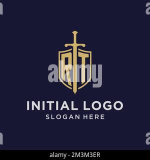 RT logo initial monogram with shield and sword design ideas Stock Vector