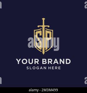 SP logo initial monogram with shield and sword design ideas Stock Vector