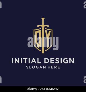 QY logo initial monogram with shield and sword design ideas Stock Vector