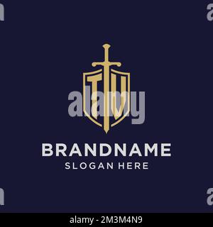 TV logo initial monogram with shield and sword design ideas Stock Vector