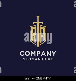 RA logo initial monogram with shield and sword design ideas Stock Vector