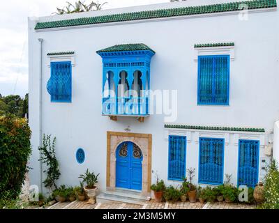 Typical Tunisian Architecture in Sidi Bou Saïd, Coastal Tunisia on a cloudy afternoon Stock Photo