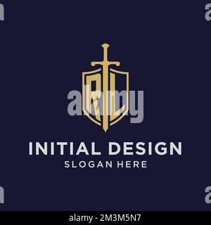 RL logo initial monogram with shield and sword design ideas Stock Vector
