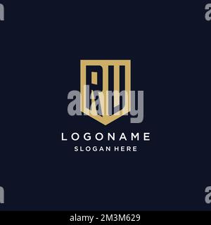 RU monogram initials logo design with shield icon template Stock Vector