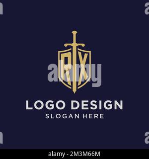 RX logo initial monogram with shield and sword design ideas Stock Vector