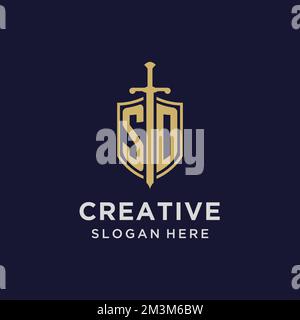 SD logo initial monogram with shield and sword design ideas Stock Vector