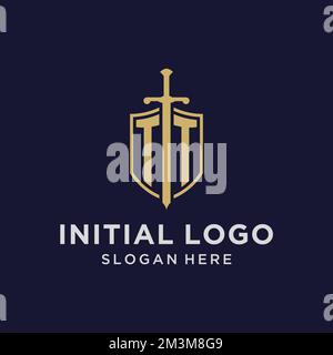 TT logo initial monogram with shield and sword design ideas Stock Vector