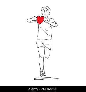line art male runner holding red heart illustration vector hand drawn isolated on white background Stock Vector