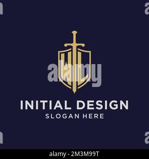 WL logo initial monogram with shield and sword design ideas Stock Vector