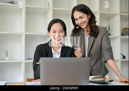Two attractive and professional Asian businesswomen are working together, looking at laptop screen, discussing and brainstorming on their project. Stock Photo