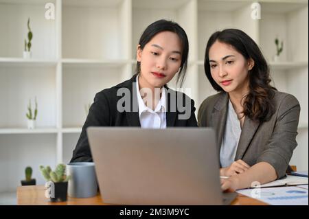 Two professional and focused Asian businesswomen or female office workers looking at laptop screen, working on financaial tasks together in the office Stock Photo