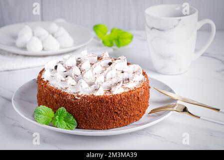 Perfect homemade tiramisu cake sprinkled with cocoa powder on plate  Stock Photo