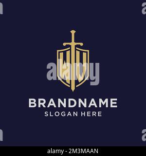 WV logo initial monogram with shield and sword design ideas Stock Vector