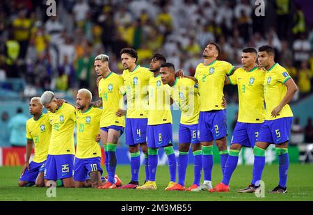 File photo dated 09-12-2022 of Brazil players appear dejected during their World Cup quarter-final penalty shootout defeat to Croatia. Neymar put the pre-tournament favourites ahead in extra-time by equalling Pele’s Brazil scoring record of 77 FIFA-registered goals. But Bruno Petkovic levelled for the 2018 runners-up with four minutes to play before Brazilian pair Rodrygo and Marquinhos each failed from the spot. Issue date: Friday December 16, 2022. Stock Photo