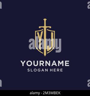 YJ logo initial monogram with shield and sword design ideas Stock Vector