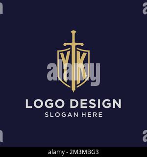 YK logo initial monogram with shield and sword design ideas Stock Vector