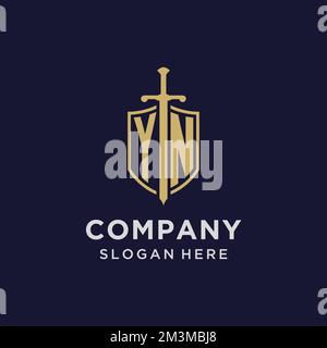 YN logo initial monogram with shield and sword design ideas Stock Vector