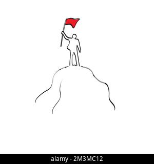 line art silhouette businessman holding red flag on the mountain top illustration vector hand drawn isolated on white background Stock Vector