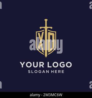 XO logo initial monogram with shield and sword design ideas Stock Vector