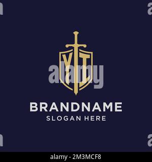 YI logo initial monogram with shield and sword design ideas Stock Vector
