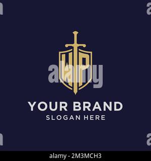 WP logo initial monogram with shield and sword design ideas Stock Vector
