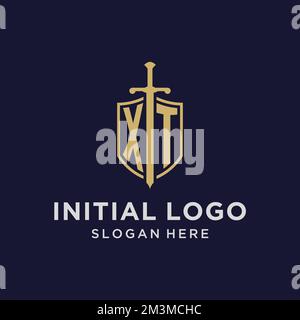 XT logo initial monogram with shield and sword design ideas Stock Vector