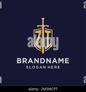 ZI logo initial monogram with shield and sword design ideas Stock Vector