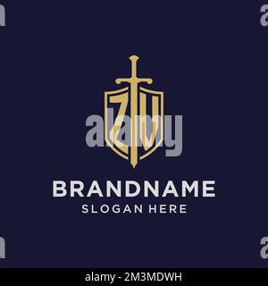 ZV logo initial monogram with shield and sword design ideas Stock Vector