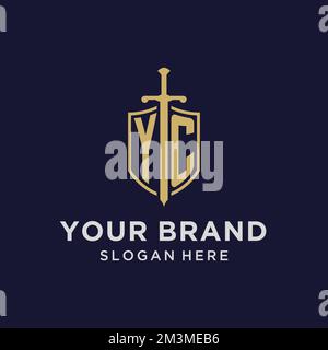 YC logo initial monogram with shield and sword design ideas Stock Vector