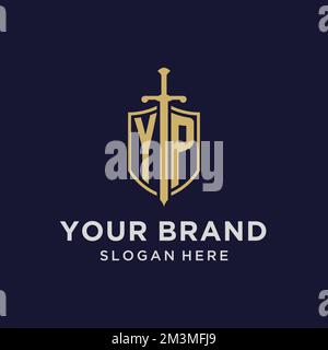 YP logo initial monogram with shield and sword design ideas Stock Vector