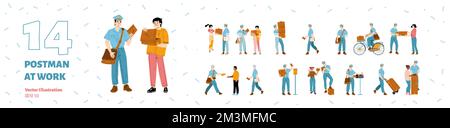 Postman with bag and happy customers receiving parcels and letters. Delivery service, post concept with mailman in uniform on bike, with cardboard box Stock Vector