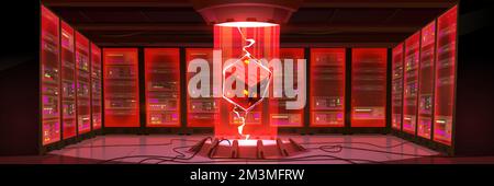 Data center, digital information storage room with server hardware on racks and hologram of processor in red light. Concept of bigdata technology, vec Stock Vector