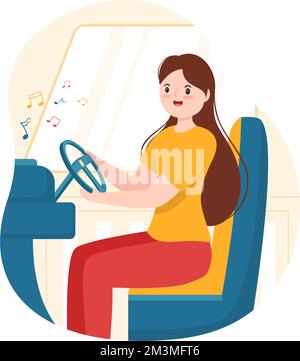 Driving a Car Listening to Music with Loud Speakers or Sound System in Flat Cartoon Poster Hand Drawn Templates Illustration Stock Vector