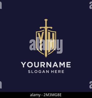 YW logo initial monogram with shield and sword design ideas Stock Vector
