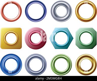 Grommet rings. Metal and golden eyelets for label holes, round hole metallic grommets and curtain eyelet vector set Stock Vector